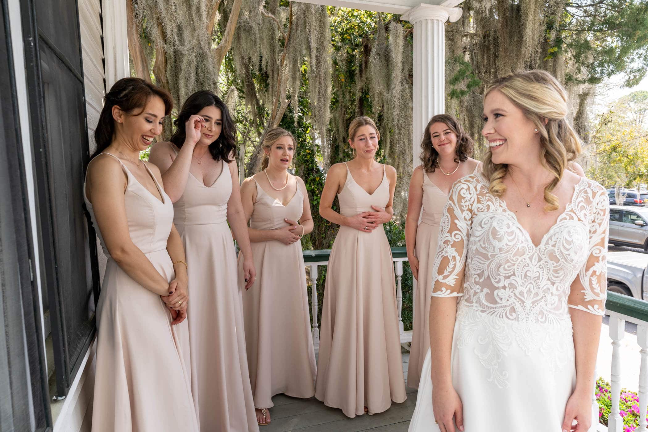 First Look with Bride and Bridesmaids at The Beaufort Inn by Wedding Photographer Susan DeLoach Photography