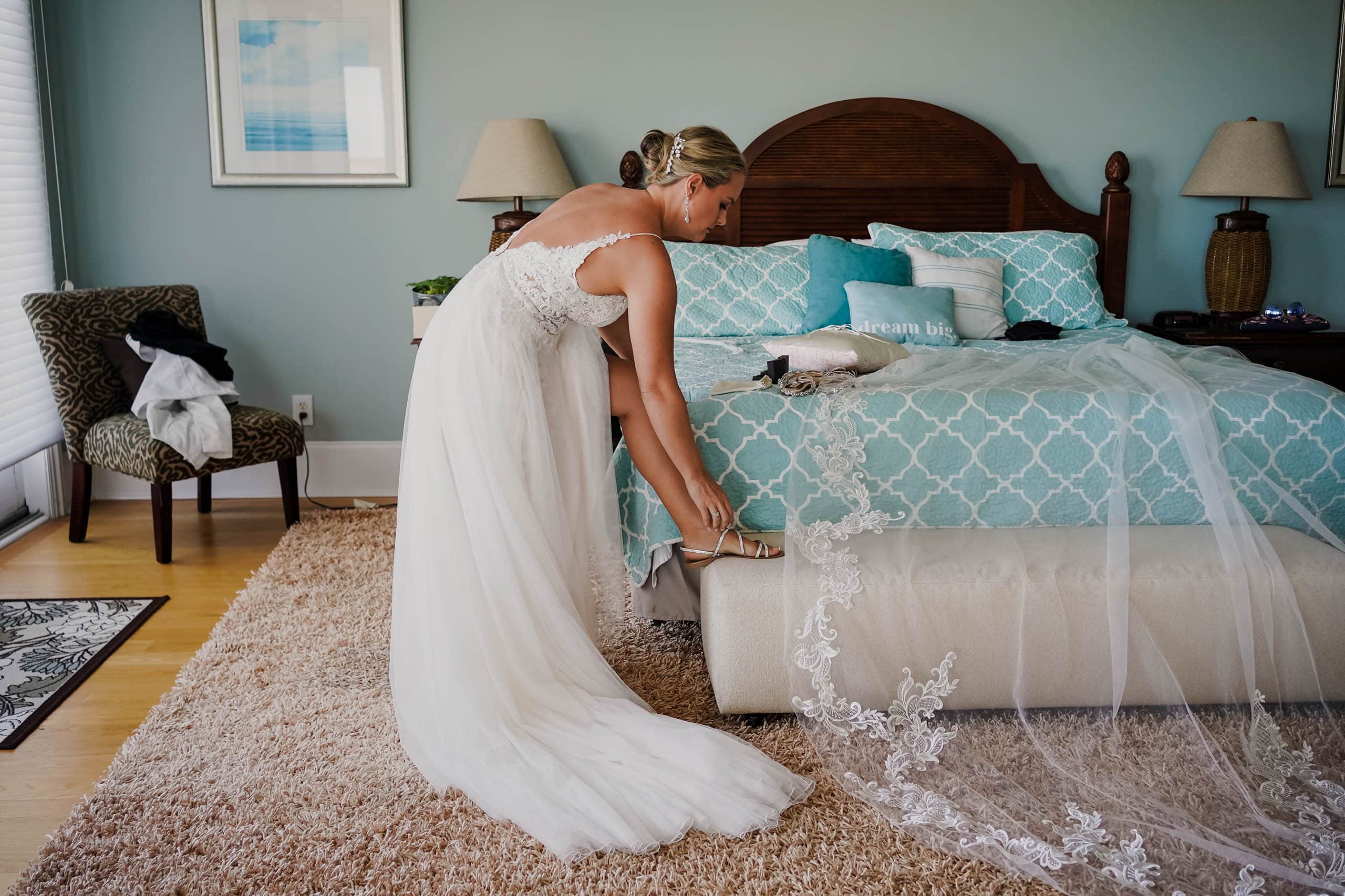 Bride getting ready for beach ceremony in rental house on Fripp Island by Susan DeLoach Photography SC Wedding Photographer