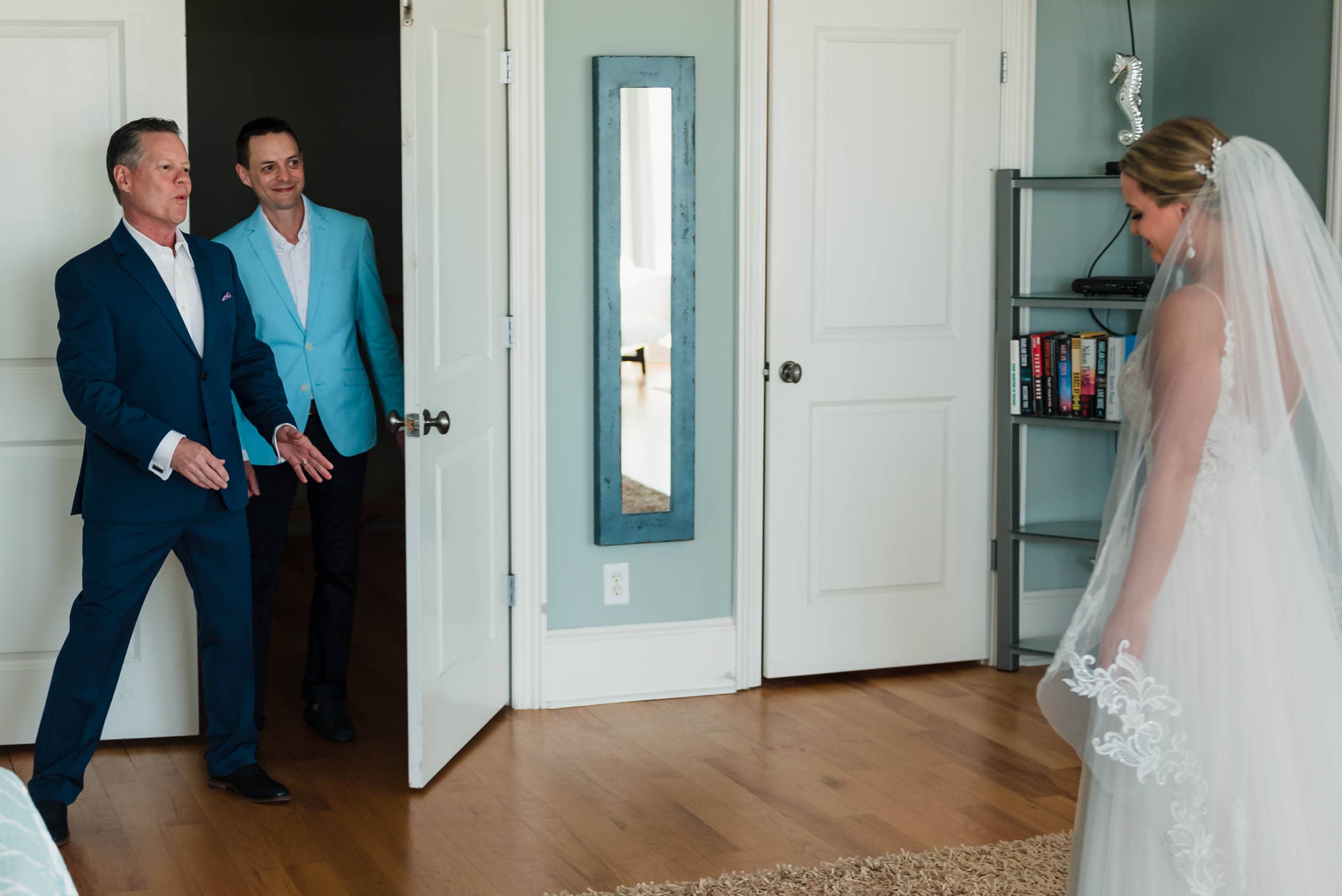 First look with Bride, Father and Brother in beach house on Fripp Island by Susan DeLoach Photography, SC wedding Photographer