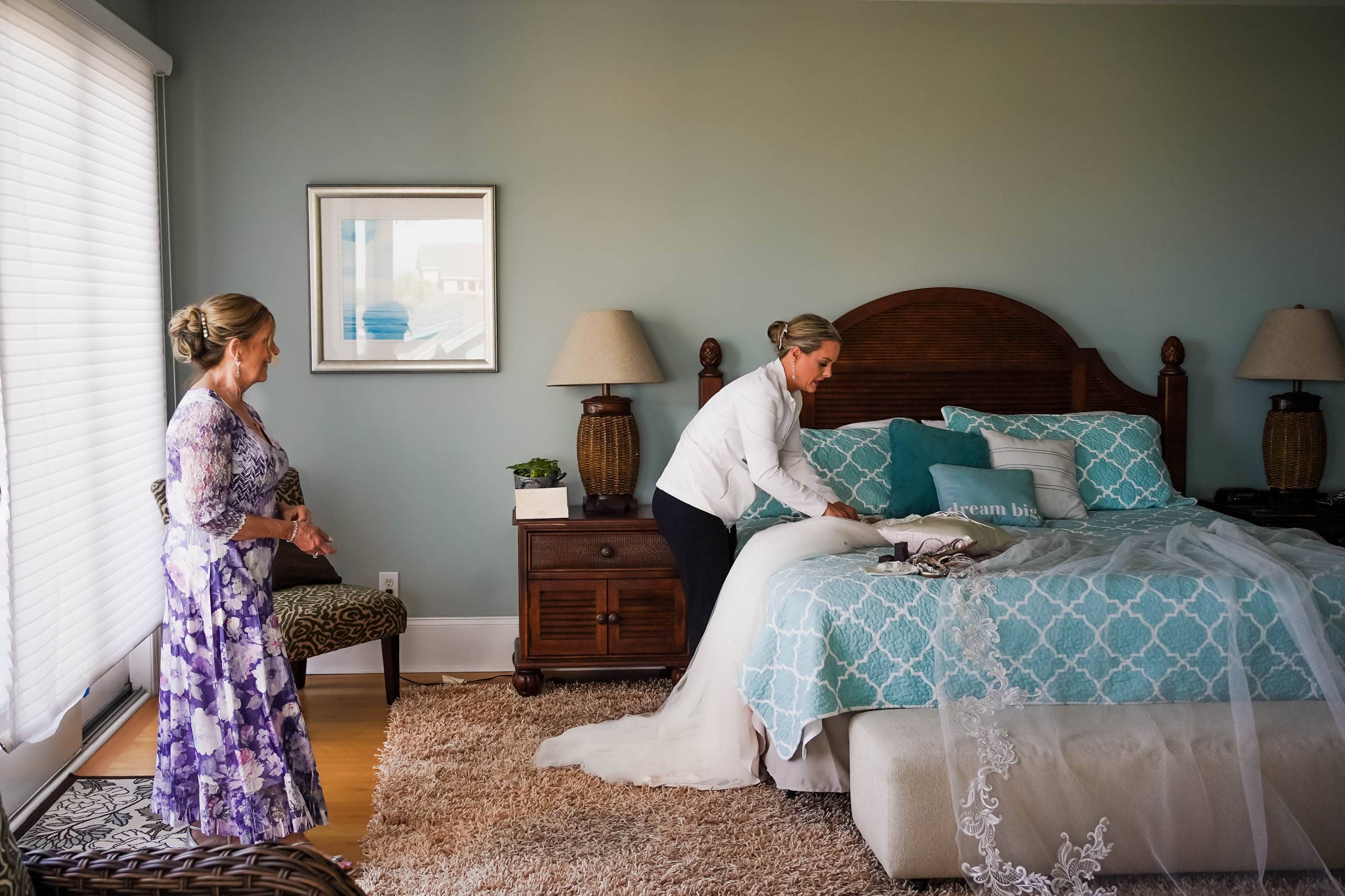 Bride and mother of the bride getting ready in beach house on Fripp Island by Susan DeLoach photography SC Wedding Photographer